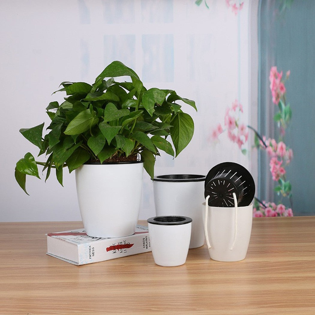 6 Size Lazy Flower Pot Outer And Inner Pot Imitation Porcelain Series Garden Plastic Self Watering Flowerpot With Cotton Rope