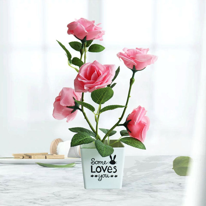 Artificial Rose Flower Bonsai Fake Plants Plastic Potted Plant Home Desktop Simulated Decor Living Room Ornament Fake Tree