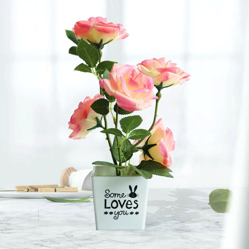 Artificial Rose Flower Bonsai Fake Plants Plastic Potted Plant Home Desktop Simulated Decor Living Room Ornament Fake Tree