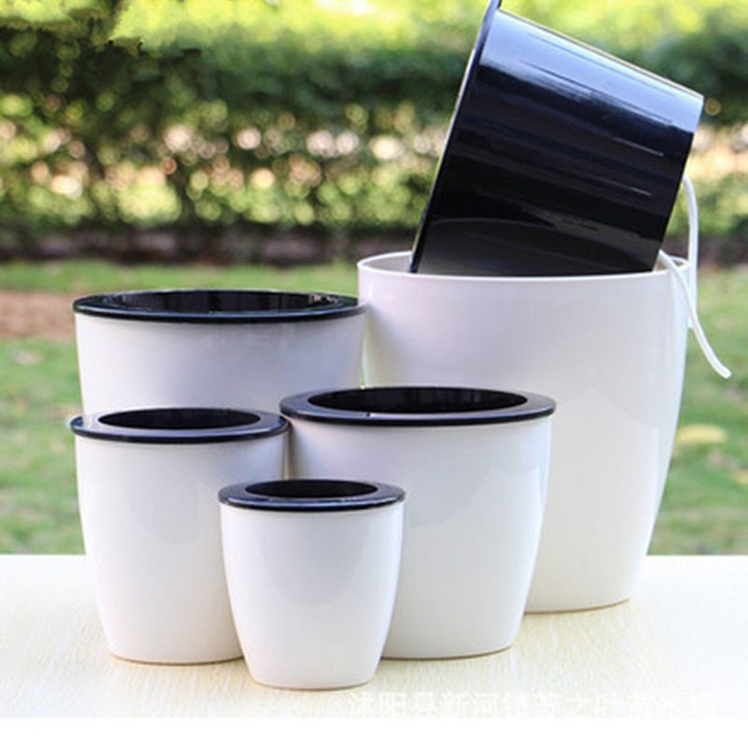 6 Size Lazy Flower Pot Outer And Inner Pot Imitation Porcelain Series Garden Plastic Self Watering Flowerpot With Cotton Rope