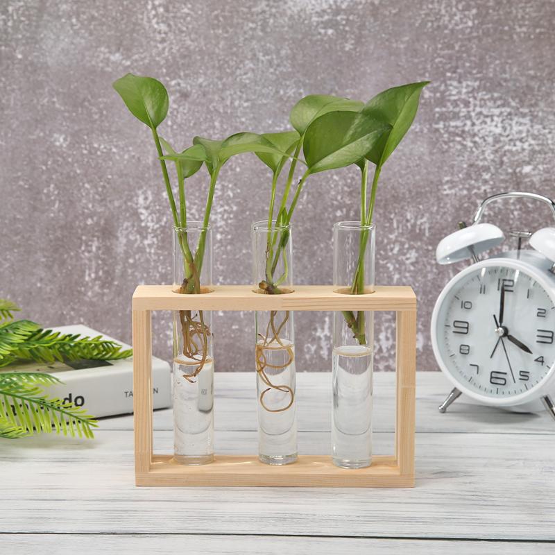 Transparent Glass Vase Wood Frame Iron Art Terrarium Bonsai Table Ornaments Glass and Wood Vase Planter Terrarium Table Desktop