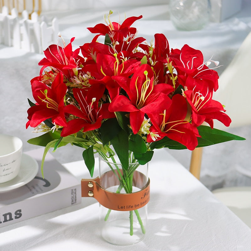 Artificial Flowers Lily 7 Heads Wedding Party Visiting Patient Gift Bouquet Home Hotel Banquet Office Garden Art Decoration