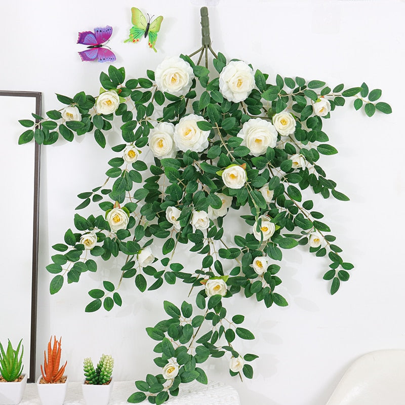 Artificial flowers Plants Green Lvy Leaves Hanging flower Rose Vine  Home Wedding Garden Decoration DIY Hanging Wall Silk Flower