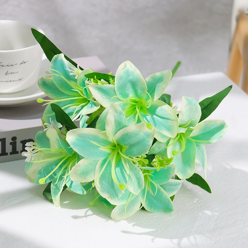 Artificial Flowers Lily 7 Heads Wedding Party Visiting Patient Gift Bouquet Home Hotel Banquet Office Garden Art Decoration