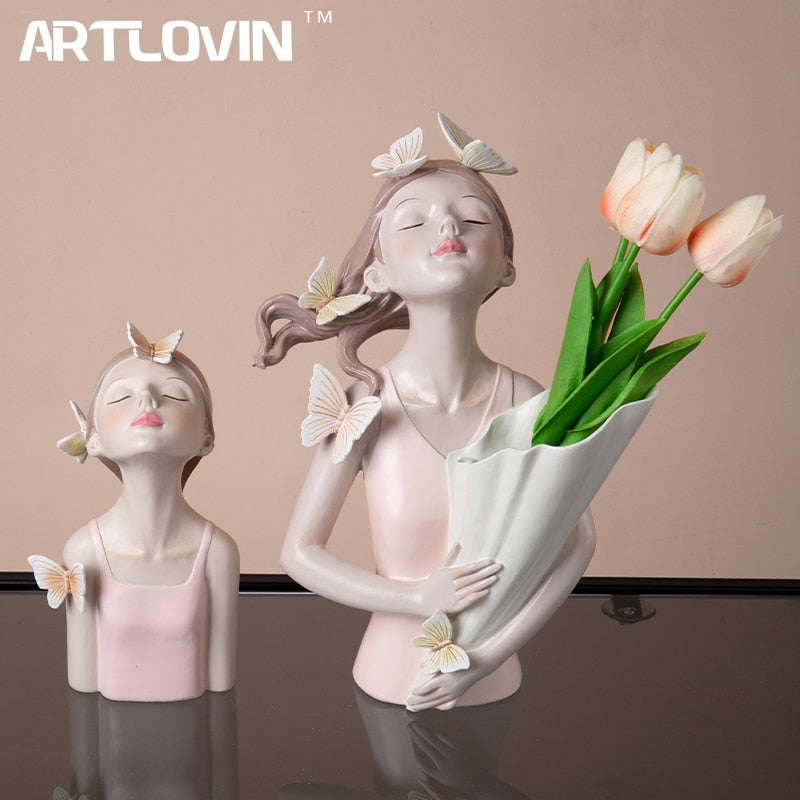 Modern Decorative Artificial Flower Vase  Butterfly Girl Sculptures Interior Home Resin Ornaments Household Decoration Vases Hot