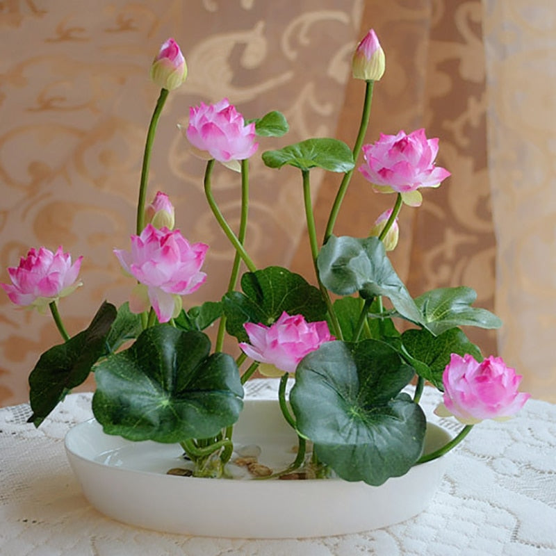 Artificial Simulation Mini Silk Lotus 4 Colors Green Plants Decoration for Home Hotel Garden Table Decor Fake Flowers