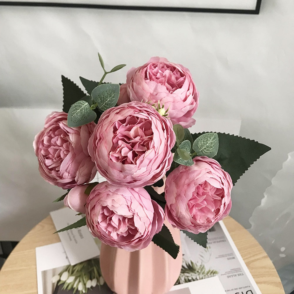 30cm Rose Pink Silk Bouquet Peony Artificial Flowers 5 Big Heads 4 Small Bud Bride Wedding Home Decoration Fake Flowers Faux