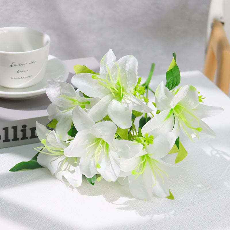 Artificial Flowers Lily 7 Heads Wedding Party Visiting Patient Gift Bouquet Home Hotel Banquet Office Garden Art Decoration