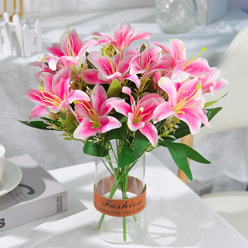 Artificial Flowers Lily 7 Heads Wedding Party Visiting Patient Gift Bouquet Home Hotel Banquet Office Garden Art Decoration