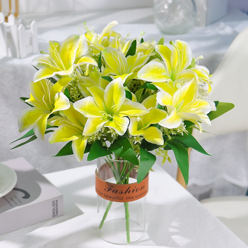 Artificial Flowers Lily 7 Heads Wedding Party Visiting Patient Gift Bouquet Home Hotel Banquet Office Garden Art Decoration