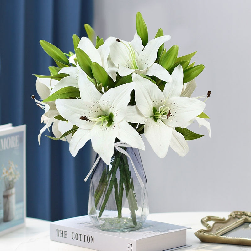 5Pcs 38cm White Lily Artificial Flowers Party Wedding Bridal Bouquet Fake Plant for Living Room Home Garen Decoration Real Touch