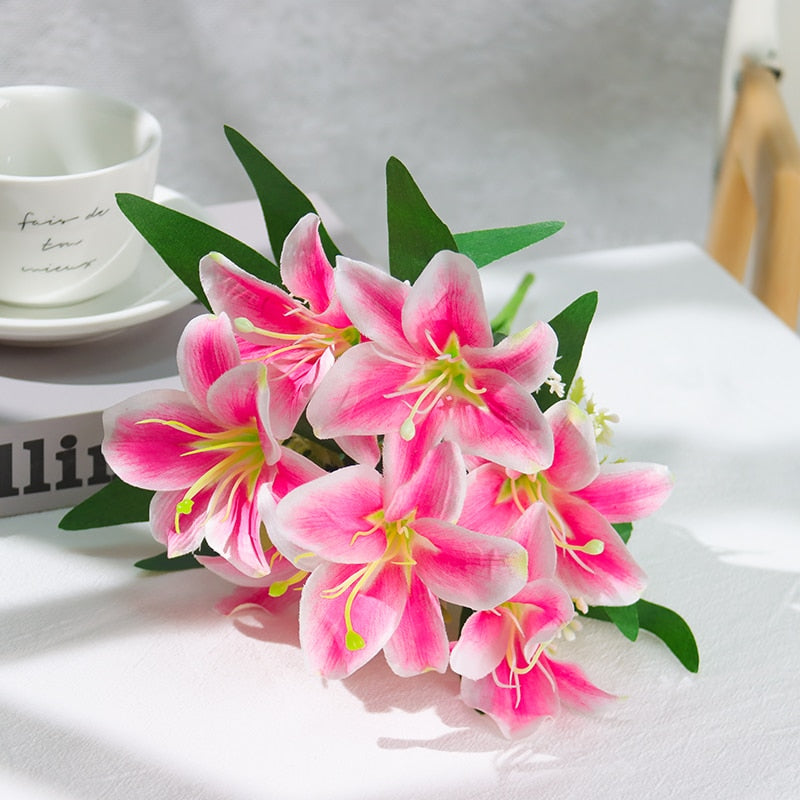 Artificial Flowers Lily 7 Heads Wedding Party Visiting Patient Gift Bouquet Home Hotel Banquet Office Garden Art Decoration